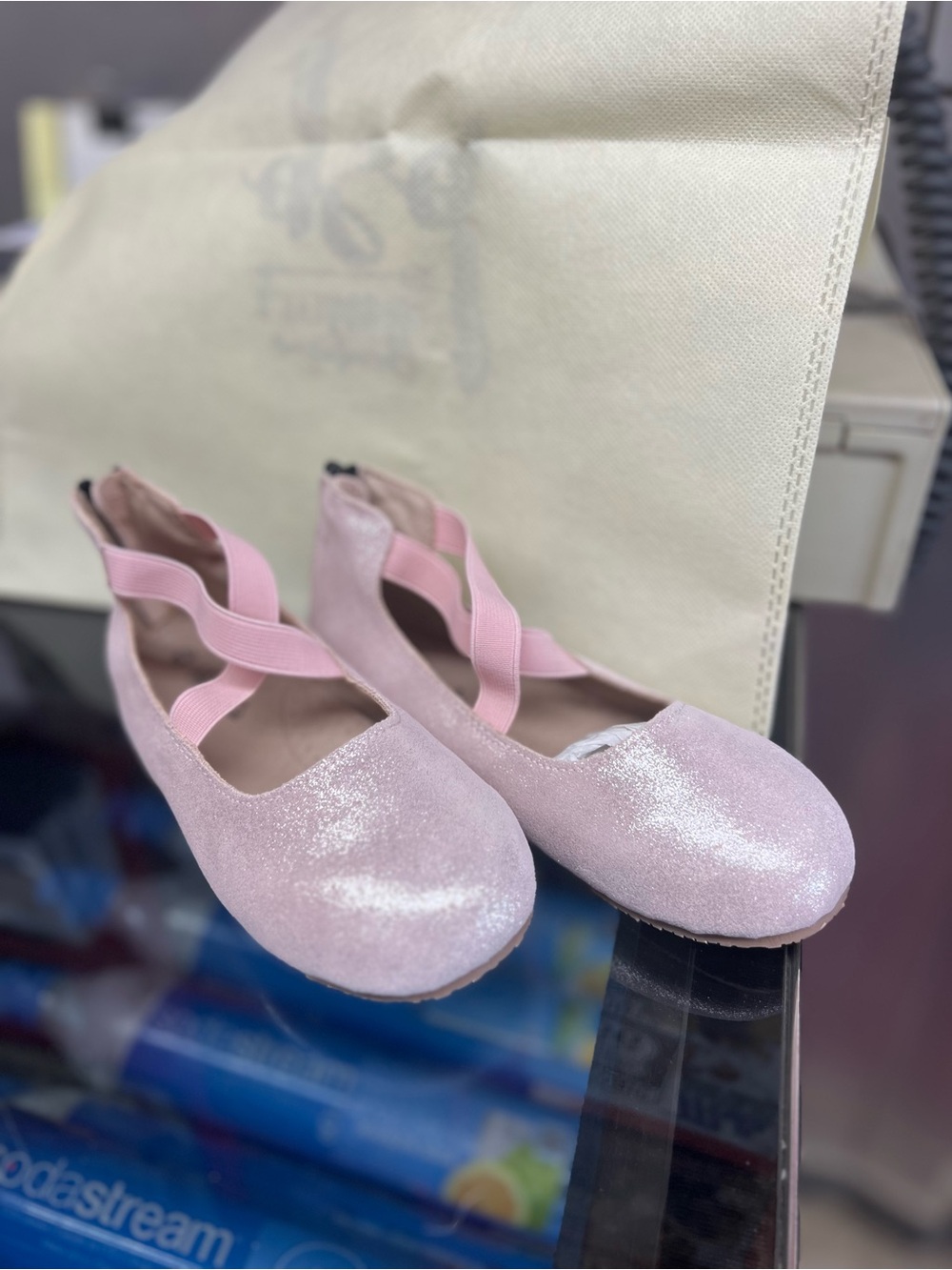 Glitter Pink Girls Ballet Flats with Crisscross Elastic Straps